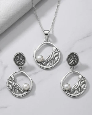 Sterling Silver Textured Wave & Pearl Jewelry Set Gallery View