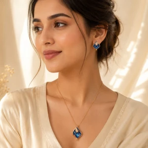 Silver Blue Floral Pendant Set Gallery View
