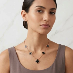 Gold Black Onyx Clover Motif Station Necklace Main View
