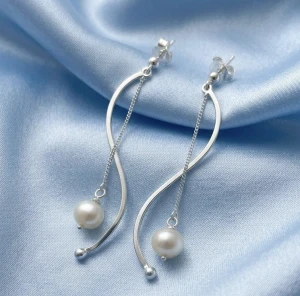 Sterling Silver Wave Pearl Drop Earrings Gallery View