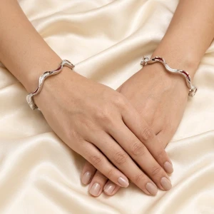 Ruby-Accented Silver Wave Bangles Main View
