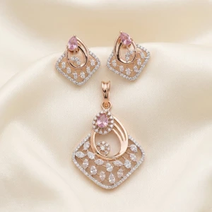 Rose Gold & Diamond Floral Square Jewelry Set (Pendant & Earrings) Main View