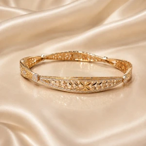 Elegant Floral Diamond-Accent Gold Bangle Main View