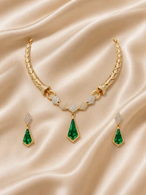 Gold Diamond Green Emerald Women’s Half Set – Necklace & Earrings Main View