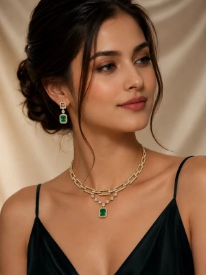 Diamond Green Emerald Women’s Half Set – Necklace & Earrings Gallery View