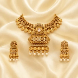 Gold Women’s Traditional Pearl Drop Necklace & Earrings Half Set Main View