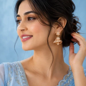 Floral Mesh Bell Gold Jhumka Earrings Gallery View