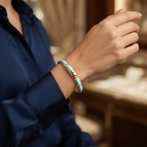 Rose Gold Turquoise & White Enamel Bracelet Gallery View