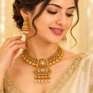 Gold Women’s Traditional Pearl Drop Necklace & Earrings Half Set Gallery View