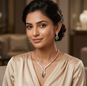 Rose Gold Emerald & Baguette Diamond Necklace & Earring Set Detail View 1