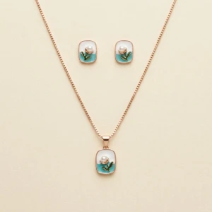 Silver Enamel Floral Pearl Pendant & Earrings Set Main View