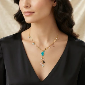 Elegant Gold Multicolor Hamsa Charm Necklace Gallery View