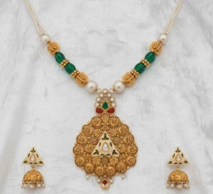 Traditional Gold Temple Pendant Necklace and Jhumka Set Gallery View