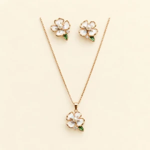 Silver Enamel White Blossom & Pearl Jewelry Set Main View