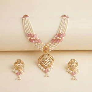 Traditional Gold Pearl and Pink Bead Necklace Set Main View