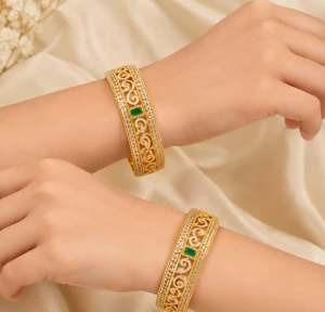 Gold Emerald Designer Bangle Set Gallery View