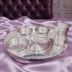 Geometric Cutwork 925 Silver Thali Set Main View