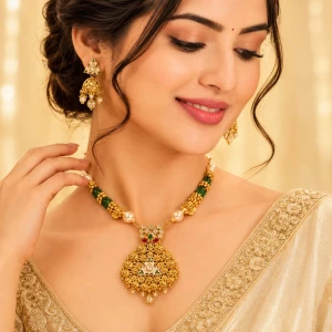 Gold Women’s Traditional Emerald & Pearl Half Set Gallery View