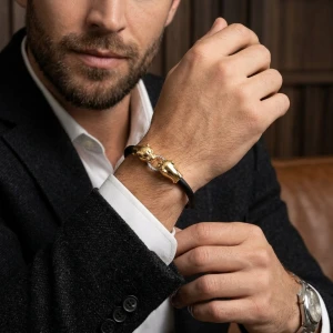 Sleek Dual Panther Gold-Finished Men's Bracelet Gallery View