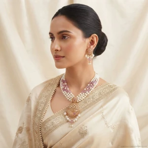 Traditional Gold Pearl and Pink Stone Necklace Set Gallery View