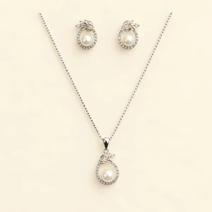 Silver Pearl & Pave Leaf Pendant & Earrings Set Main View