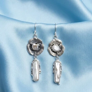Sterling Silver Floral & Biwa Pearl Drop Earrings Gallery View