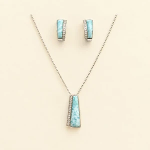 Silver Larimar Trapezoid Pendant & Hoop Earrings Set Main View
