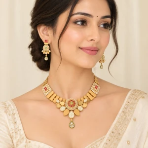 Traditional Kundan and Ruby Gold Necklace Set Gallery View