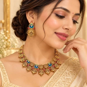 Antique Gold Blue Meenakari Necklace Set Main View
