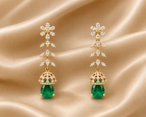 Gold Diamond Green Emerald & Pearl Women’s Half Set – Necklace & Earrings Gallery View