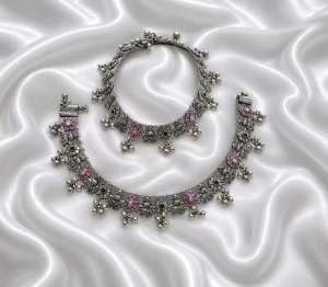 Traditional Oxidised Silver Floral Enamel Payal Set Main View