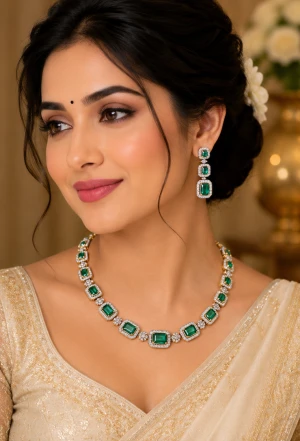 Elegant Emerald Green Diamond Half Set for Women Gallery View