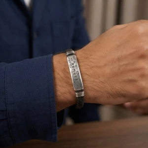 Men's Mantra Engraved Silver Plate & Braided Leather Hybrid Kada Bracelet Gallery View