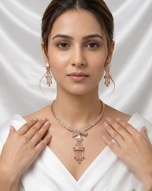 Rose Gold American Diamond Women’s Half Set – Necklace & Earrings Gallery View
