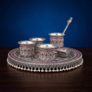 925 Silver Royal Pooja Thali Set with Ruby Stones Main View