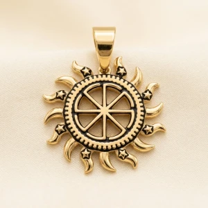 Celestial Sunburst Wheel Men's Gold Pendant Main View