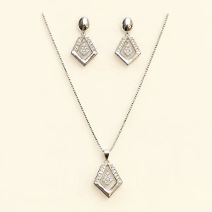 Silver Geometric Pavé Diamond Pendant & Earrings Set Main View