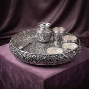 Intricate Floral Engraved 925 Silver Thali Set Main View