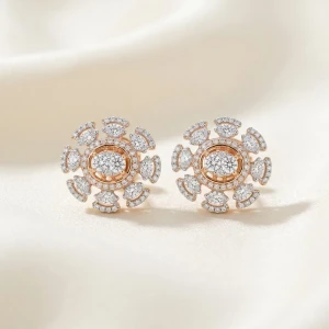 Radiant Floral Pavé Diamond Cluster Stud Earrings in Rose Gold Main View