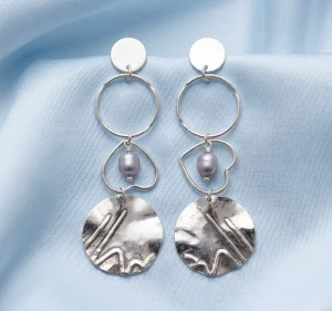 Sterling Silver Heart & Hammered Disc Pearl Earrings Gallery View