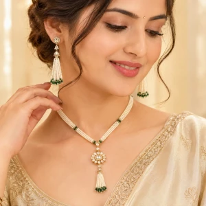 Gold Pearl & Green Stone Women’s Half Set Gallery View