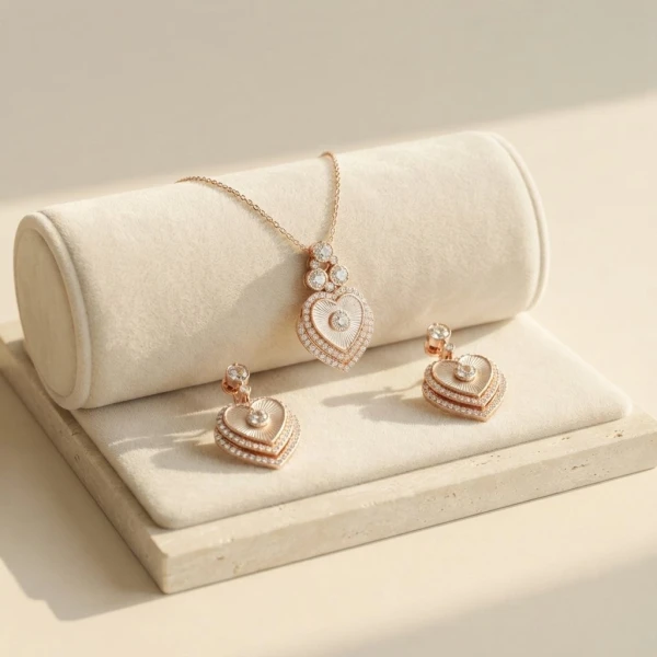 Title: Diamond Heart Charm Pendant & Earring Set
