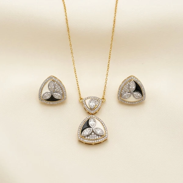 Gold Enamel & Marquise CZ Geometric Jewelry Set