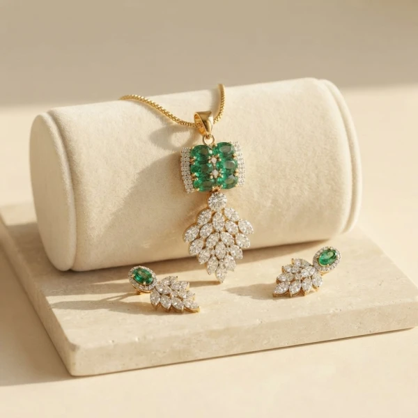 Emerald and Diamond Leaf Pendant & Earring Set