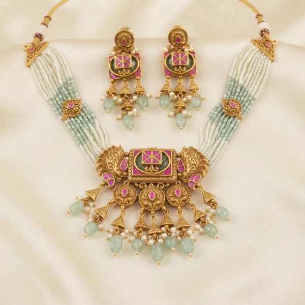 Royal Meenakari & Multi-Strand Beaded Necklace Set with Matching Drop Earrings