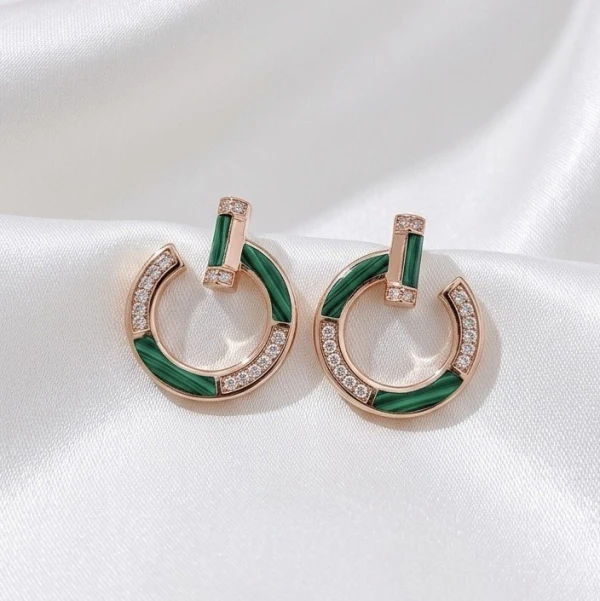 Rose Gold Green Malachite & CZ Circle Earrings