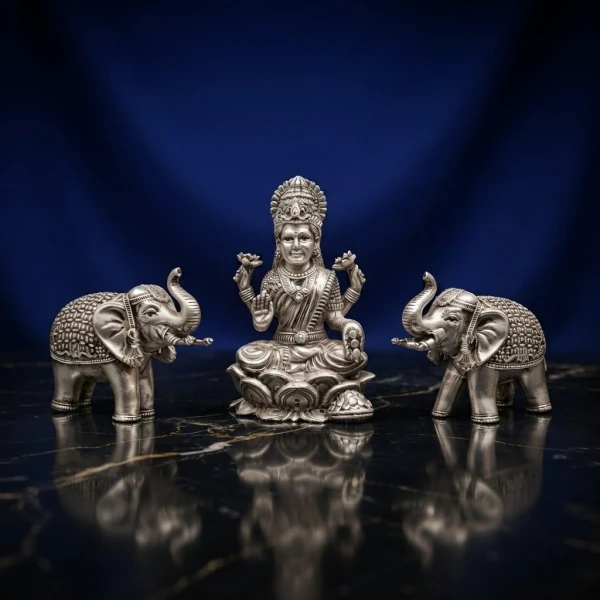 925 Silver Lakshmi Idol with Elephant Pair
