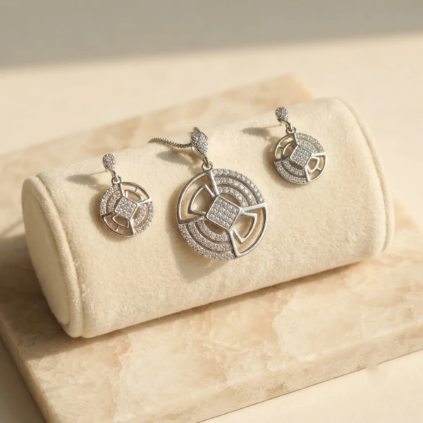 Geometric Diamond Pendant and Earrings Set