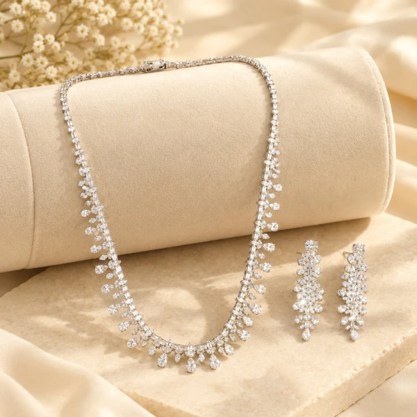 Cascading Pear-Cut Silver Choker and Earring Set