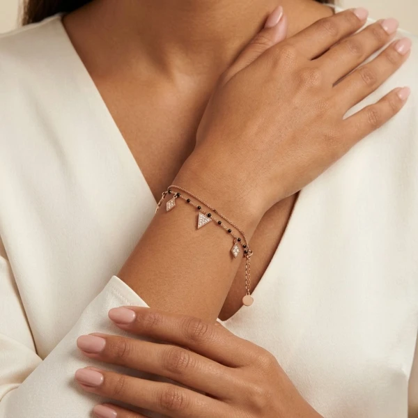 Rose Gold Double-Chain Charm Bracelet with Black Beads